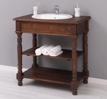 Masca de baie rustica pentru 1 lavoar, cu 2 rafturi lemn masiv, 90 x 54 x 90 cm - Img 4