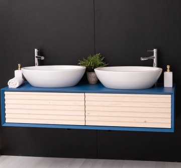 Mobilier de baie dublu lemn masiv Pianno cu 2 sertare, suspendat, 150 x 50 x 33 cm - Img 3