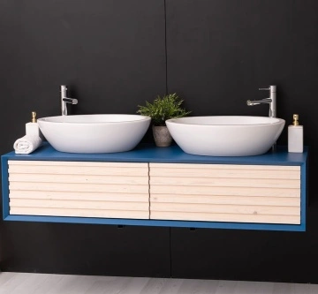 Mobilier de baie dublu lemn masiv Pianno cu 2 sertare, suspendat, 150 x 50 x 33 cm - Img 3