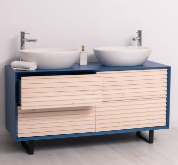 Mobilier de baie dublu lemn masiv Pianno cu 4 sertare, 150 x 50 x 76 cm - Img 3