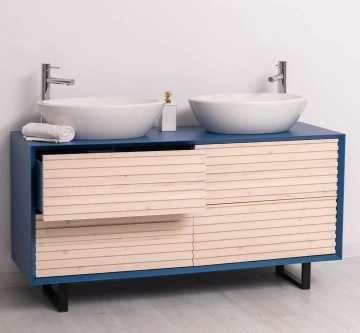 Mobilier de baie dublu lemn masiv Pianno cu 4 sertare, 150 x 50 x 76 cm - Img 3