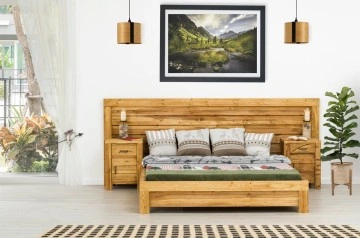 Set mobila dormitor pat 160 x 200 cm cu tablie mare si 2 noptiere Colibri, Lemn masiv rustic