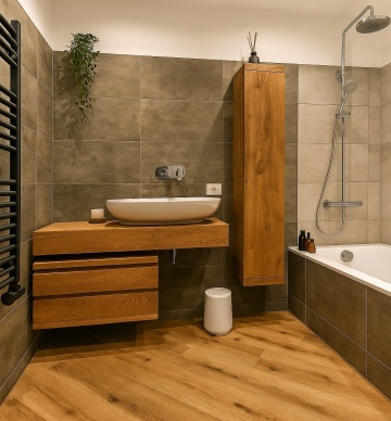 Set Mobilier baie Alexandros Stejar Masiv, blat lavoar cu sertare si 1 dulap - Img 3
