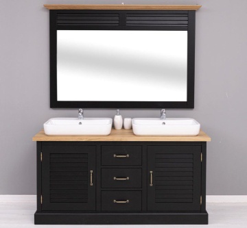 Set mobilier baie lemn masiv Ohanna negru, masca de baie dubla + oglinda, blat stejar masiv, 150 x 51 x 75 cm