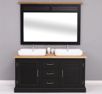 Set mobilier baie lemn masiv Ohanna negru, masca de baie dubla + oglinda, blat stejar masiv, 150 x 51 x 75 cm