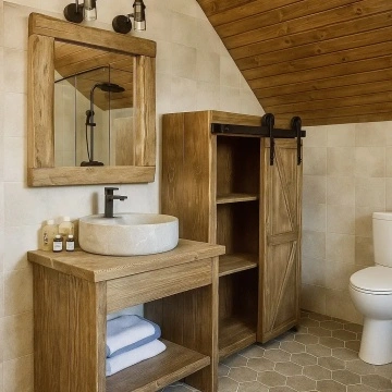 Set Mobilier baie Mocănița, masca de baie + oglinda + dulap lemn masiv