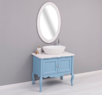 Set mobilier baie Shabby Rustic, masca lavoar + oglinda ovala lemn masiv, 90 x 54 x 175 cm - Img 2