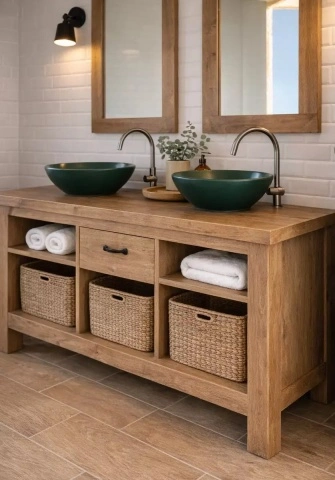 Set Mobilier baie Sierra, Masca de baie + 2 Oglinzi lemn masiv pin - Img 4
