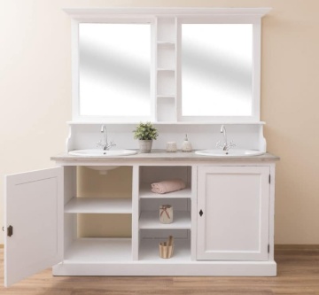 Set mobilier de baie lemn masiv, pentru 2 lavoare, 174 x 60 x 210 cm, triplu color - Img 2