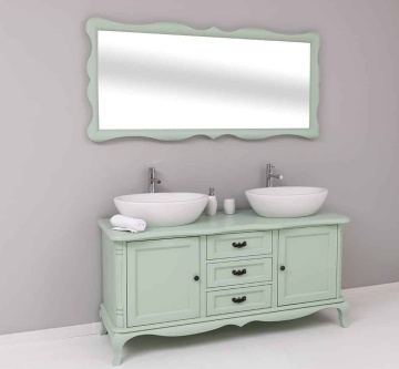 Set Mobilier de Baie Lemn Masiv Shabby Rustic, Oglinda + Masca 2 lavoare, 2 usi si 3 sertare - Img 2