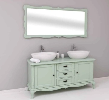 Set Mobilier de Baie Lemn Masiv Shabby Rustic, Oglinda + Masca 2 lavoare, 2 usi si 3 sertare - Img 2