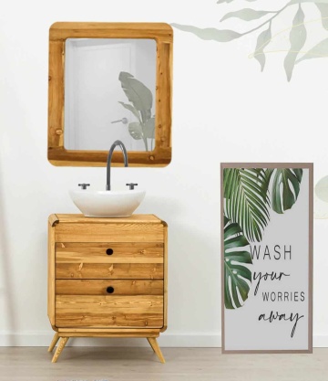 Set mobilier de baie Sahara, masca de baie cu oglinda, 2 piese, lemn masiv periat