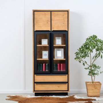 Vitrina Lemn masiv Mexicana, 2 usi sticla, 2 usi si 2 sertare, 85 x 40 x 200 cm