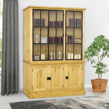 Biblioteca cu vitrina lemn masiv Industrial Wood cu 6 usi, 160 x 45 x 223 cm - Img 2