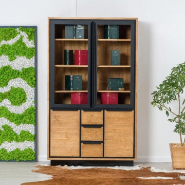 Biblioteca Lemn masiv Mexicana, 2 usi sticla, 2 usi si 3 sertare, 120 x 40 x 200 cm