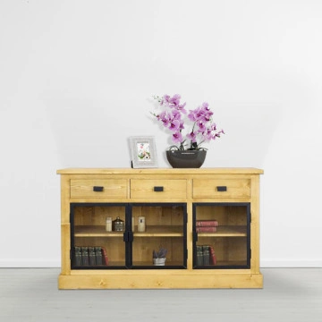 Bufet lemn masiv Industrial Wood 3 usi sticla si 3 sertare, 156 x 50 x 90 cm - Img 2