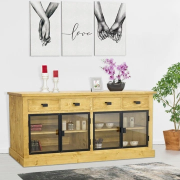 Bufet lemn masiv Industrial Wood, 4 usi sticla si 4 sertare, 200 x 50 x 90 cm