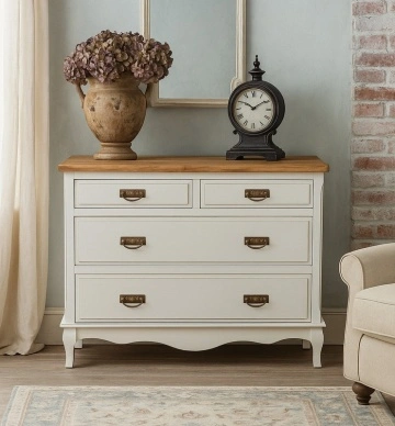 Comoda Toscana Charme 4 sertare lemn masiv tei, alb unt + natur antik, 107 x 47 x 80 cm