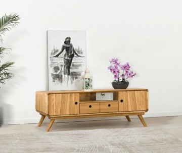 Comoda TV 2 usi 2 sertare si nisa Sahara, Lemn masiv rustic, 160 x 40 x 50 cm - Img 1