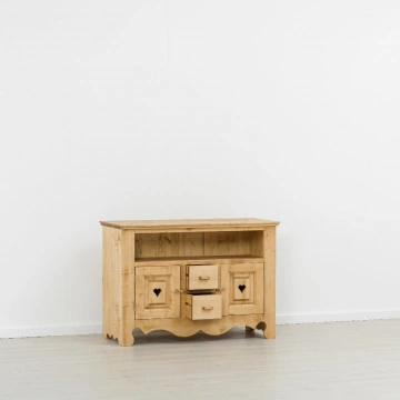 Comoda TV Cabana cu 2 usi 2 sertare si nisa, Lemn masiv rustic, 120 x 50 x 85 cm - Img 3