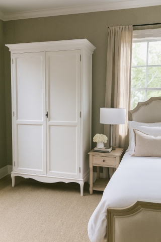 Dulap Toscana Charme cu 2 usi lemn masiv tei, finisaj alb unt antik, 130 x 57 x 205 cm