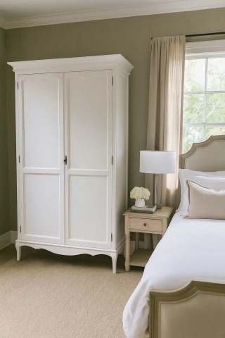 Dulap Toscana Charme cu 2 usi lemn masiv tei, finisaj alb unt antik, 130 x 57 x 205 cm