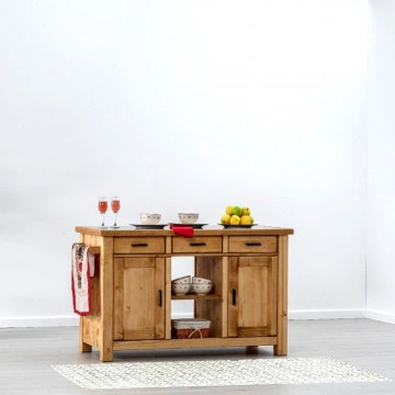 Insula de bucatarie Ecuador cu doua fete, 4 usi si 3 sertare, Lemn masiv rustic, 134 x 62 x 85 cm