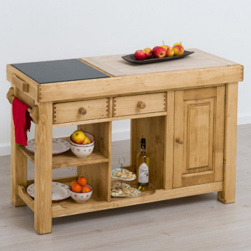 Insula de bucatarie Rustic Flame, 1 usa si 2 sertare, lemn masiv rustic, 135 x 50 x 85 cm - Img 2