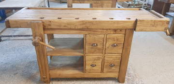 Insula de bucatarie Toscana, lemn masiv model banc tamplar, natur antik, 188 x 78 x 92 cm - Img 3