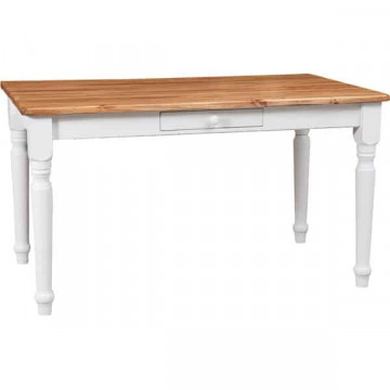 Masa Toscana fixa cu 1 sertar lemn masiv tei, alb unt + natur antik, 140 x 80 x 80 cm - Img 2