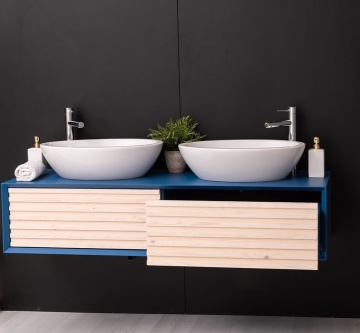 Mobilier de baie dublu lemn masiv Pianno cu 2 sertare, suspendat, 150 x 50 x 33 cm - Img 4