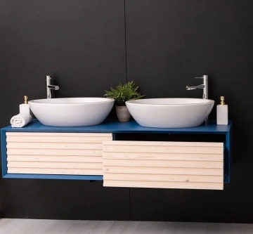 Mobilier de baie dublu lemn masiv Pianno cu 2 sertare, suspendat, 150 x 50 x 33 cm - Img 4