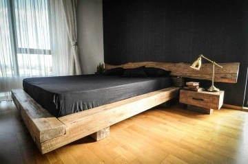 Pat lemn masiv pin model Samara, grinzi solide rustice, 140 cm, 160 cm, 180 cm sau 200 x 200 cm