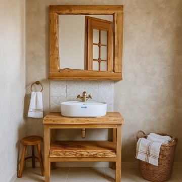 Set Mobilier baie Hora Stejar Masiv, Masca lavoar + Oglinda cu etajera - Img 2