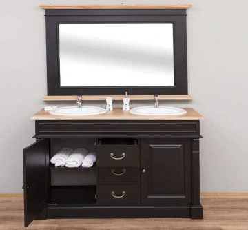 Set mobilier baie lemn masiv, masca pentru 2 lavoare + oglinda, blat stejar masiv, 150 x 51 x 91 cm - Img 6
