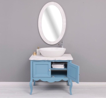 Set mobilier baie Shabby Rustic, masca lavoar + oglinda ovala lemn masiv, 90 x 54 x 175 cm - Img 3