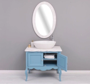 Set mobilier baie Shabby Rustic, masca lavoar + oglinda ovala lemn masiv, 90 x 54 x 175 cm - Img 3