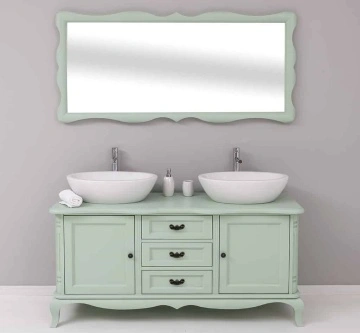 Set Mobilier de Baie Lemn Masiv Shabby Rustic, Oglinda + Masca 2 lavoare, 2 usi si 3 sertare
