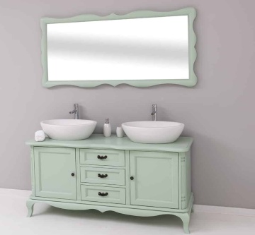 Set Mobilier de Baie Lemn Masiv Shabby Rustic, Oglinda + Masca 2 lavoare, 2 usi si 3 sertare - Img 3