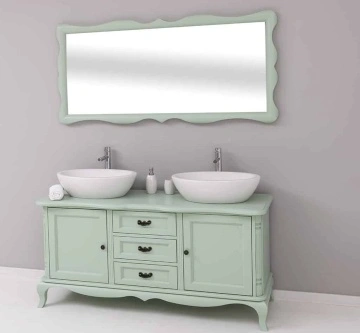 Set Mobilier de Baie Lemn Masiv Shabby Rustic, Oglinda + Masca 2 lavoare, 2 usi si 3 sertare - Img 3