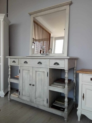 Set mobilier de baie, masca lavoar + oglinda lemn masiv, 128 x 54 x 191 cm - Img 3