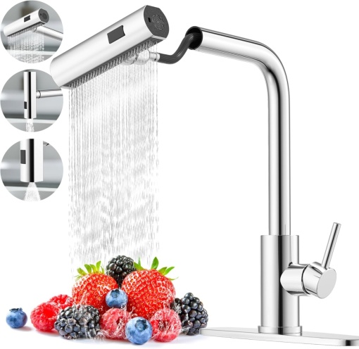 Baterie chiuveta bucatarie profesionala QuTek, din Inox, 3 functii mod curgere a apei, rotire, dus extensibil, cascada, modern, culoare argintie, inox inoxidabil