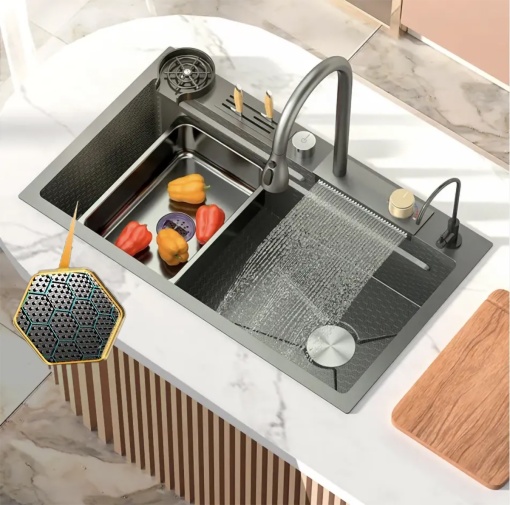 Chiuveta multifunctionala cascada, robinet extensibil, tocator, cuva, strecuratoare, modul spalare pahare, dozator sapun, robinet apa filtrata, culoare negru titan, dimensiune 750x450mm