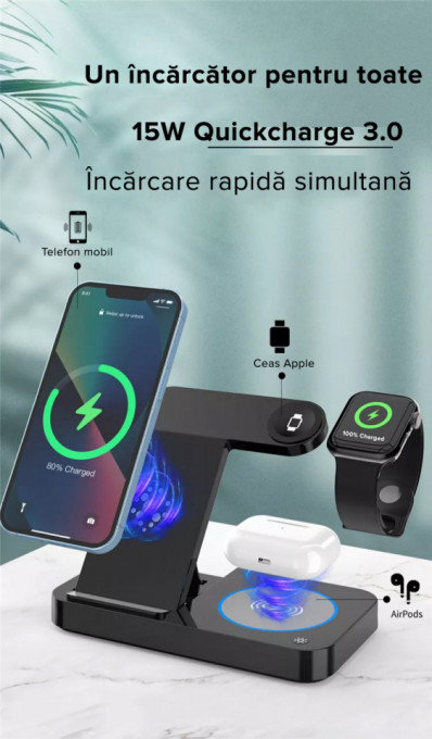 Incarcator Wireless LQT Statie Incarcare 3 In 1 Qi Fast Charger 15W Incarcare Rapida Compatibil Cu Apple Watch Toate Seriile Airpods Toate Modele si Iphone Android Samsung Huawei Xiaomi Negru Inclus Adaptor 3.0 Quick Charge LQT Negru