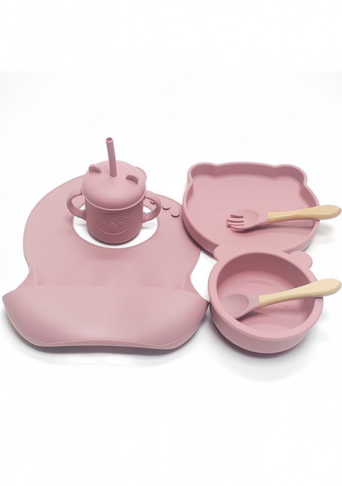Set hranire bebelusi si copii QuTek, pentru diversificare din silicon BPA free, 6+ luni, farfurie, bol, bavetica, tacamuri, canuta cu pai, roz