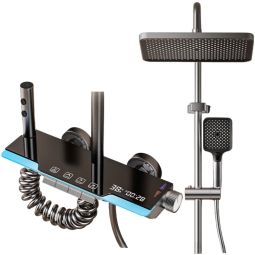 Set de dus QUTEK DeLuxe cu para dreptunghiulara, afisaj digital, iluminare led, montare perete, 4 functii de curgere a apei, dus tip ploaie, dus de mana, design modern, sistem de dus, crom