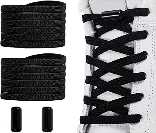 Sireturi elastice LQT cu sistem NO TOUCH si Capsula Metalica colorata pentru copii si adulti, flat, Negru