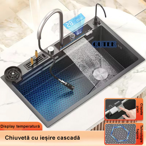 Chiuveta multifunctionala cascada, robinet extensibil, tocator, cuva, strecuratoare, modul spalare pahare, dozator sapun, robinet apa filtrata, afisaj digital temperatura, culoare negru titan, dimensiune 750x450mm