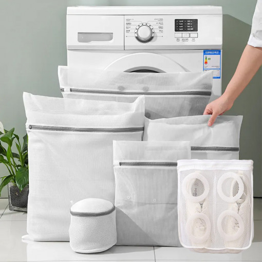 Set 6 saculeti rufe, poliester, QuTek, dimensiuni multiple, fermoar ascuns, protectie pentru haine sensibile in masina de spalat si uscator, pentru lenjerie delicata, lenjerie de corp, sac dreptunghiular incaltari sport, Alb