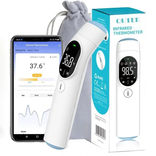 Termometru Digital QuTek™, cu Infrarosu, Bluetooth, Non-contact, Masurare Temperatura Frunte, Ureche si Obiecte, Display LED, Stocare Memorie + Alarma Sonora, Husa Protectie inclusa, aplicatie dedicata, pentru Copii si Adult